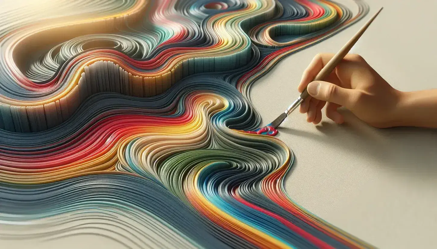 Mano sosteniendo un pincel que pinta líneas curvas coloridas en un lienzo en blanco, destacando tonos de azul, rojo, amarillo y verde con un fondo neutro desenfocado.