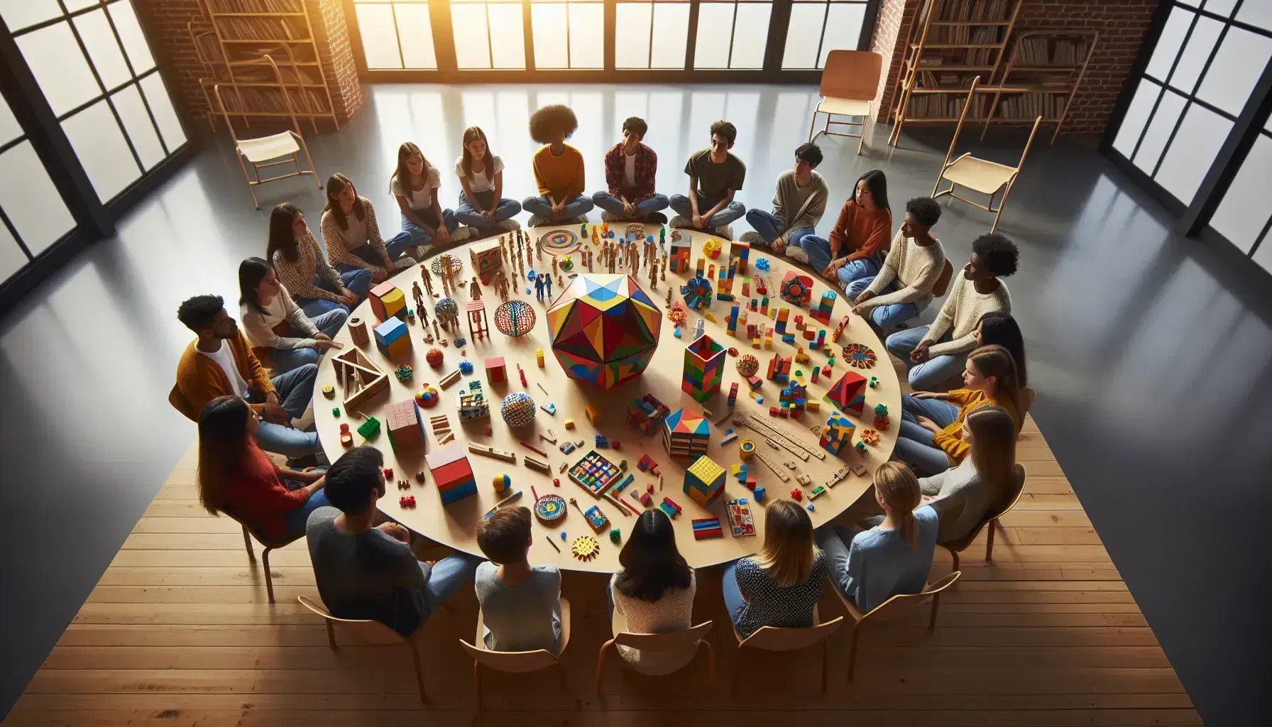 Grupo diverso de estudiantes interactuando con bloques de construcción y figuras geométricas en un aula iluminada por luz natural.