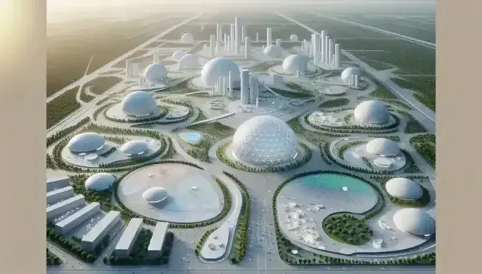 Maqueta de ciudad futurista con cúpula geodésica central, edificios curvilíneos blancos, espacios verdes y senderos sin vehículos tradicionales.