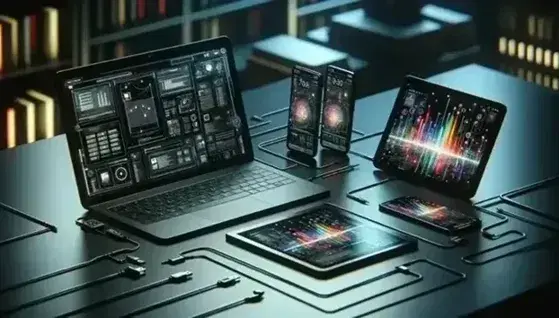 Espacio de trabajo moderno con portátil, smartphone y tablet sobre superficie oscura, rodeados de cables y auriculares, sin textos visibles.