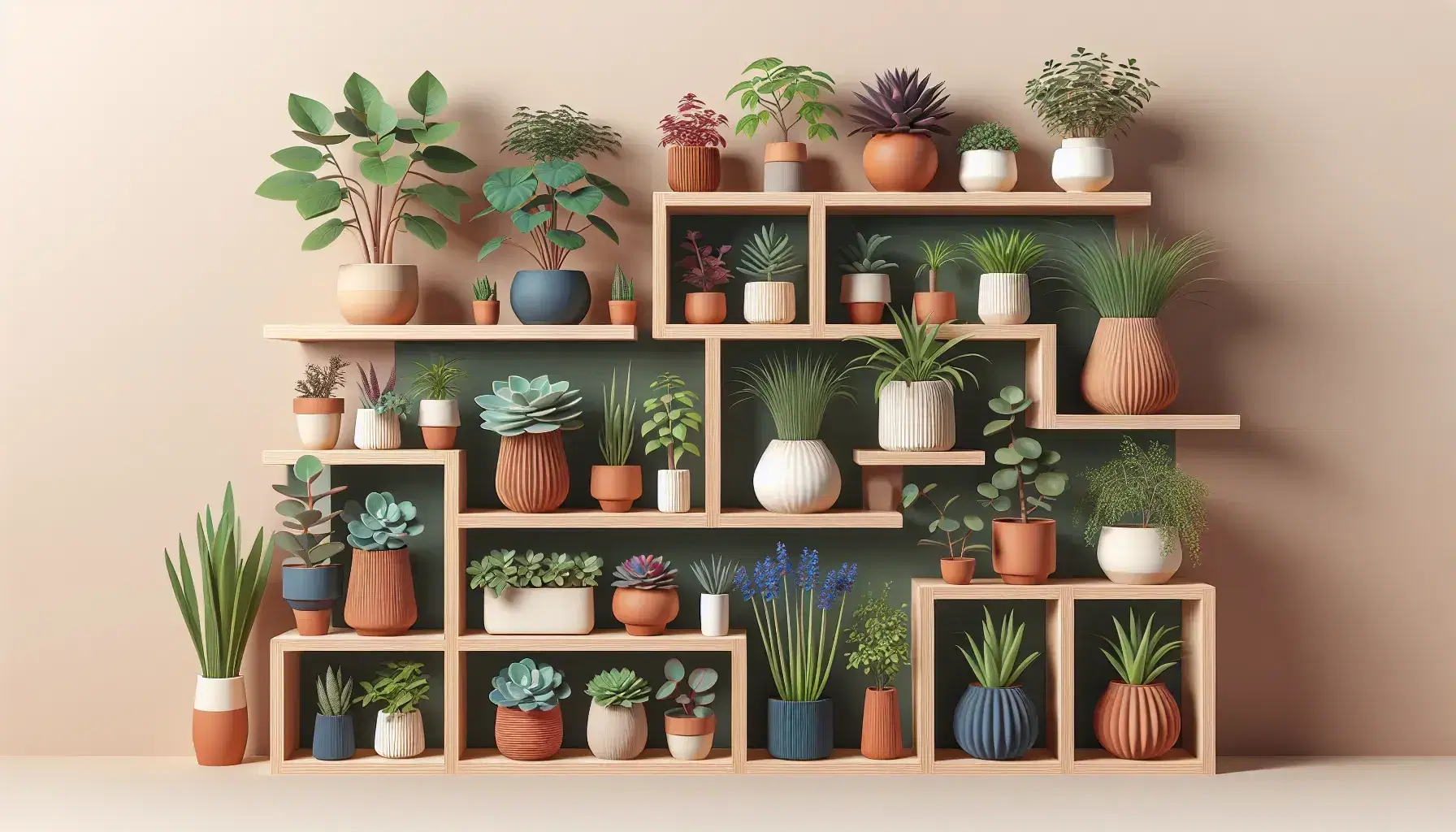 Estantes de madera en degradado con plantas variadas en macetas de terracota, azul y blanco, destacando sus hojas verdes, rojas y púrpuras sobre fondo beige.
