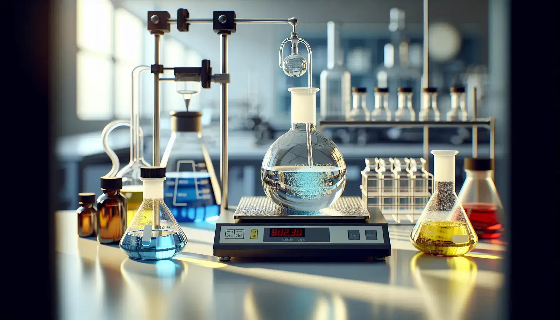 Laboratorio científico con Erlenmeyers de líquidos coloridos, condensador de reflujo, balanza analítica y frascos con polvos en estante.