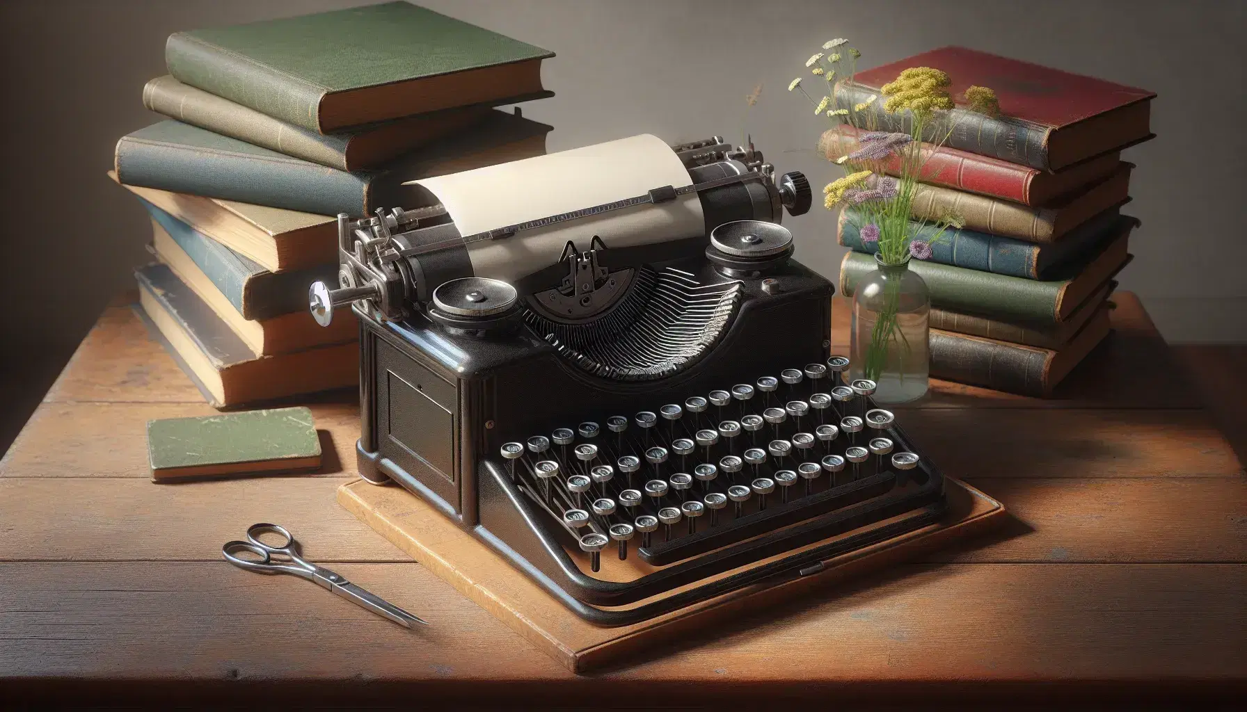 Vintage black metal typewriter with round keys on a wooden desk, blank paper inserted, beside a stack of hardcover books and a vase of wildflowers.