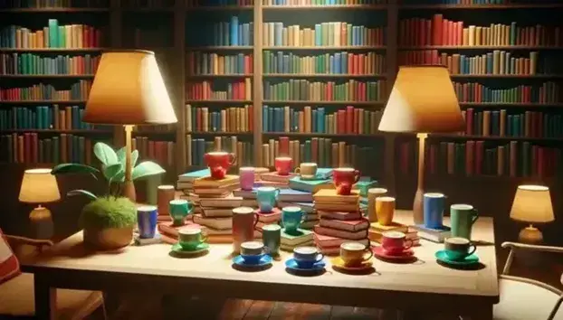 Tavolo in legno chiaro con tazze da caffè colorate e libri assortiti in biblioteca accogliente, scaffali con libri, pianta verde e luce naturale.