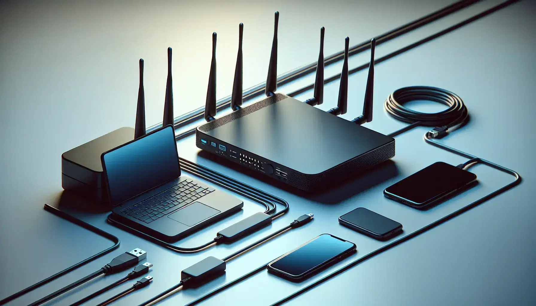 Router negro con antenas y dispositivos electrónicos, laptop abierto y smartphone encendido, sobre superficie clara con cables de colores entrecruzados.