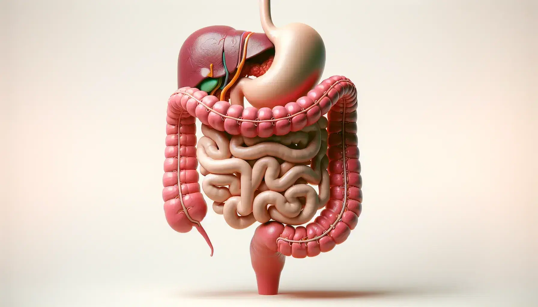 Modelo tridimensional detallado del sistema digestivo humano mostrando esófago, estómago rosado, intestinos, hígado rojizo y vesícula biliar verde sobre fondo claro.