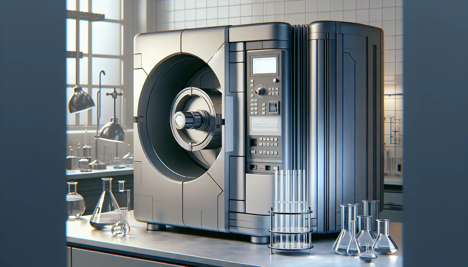 Modern NMR spectrometer in laboratory with glass tube and transparent liquid ready for analysis, surrounded by glassware on bench.
