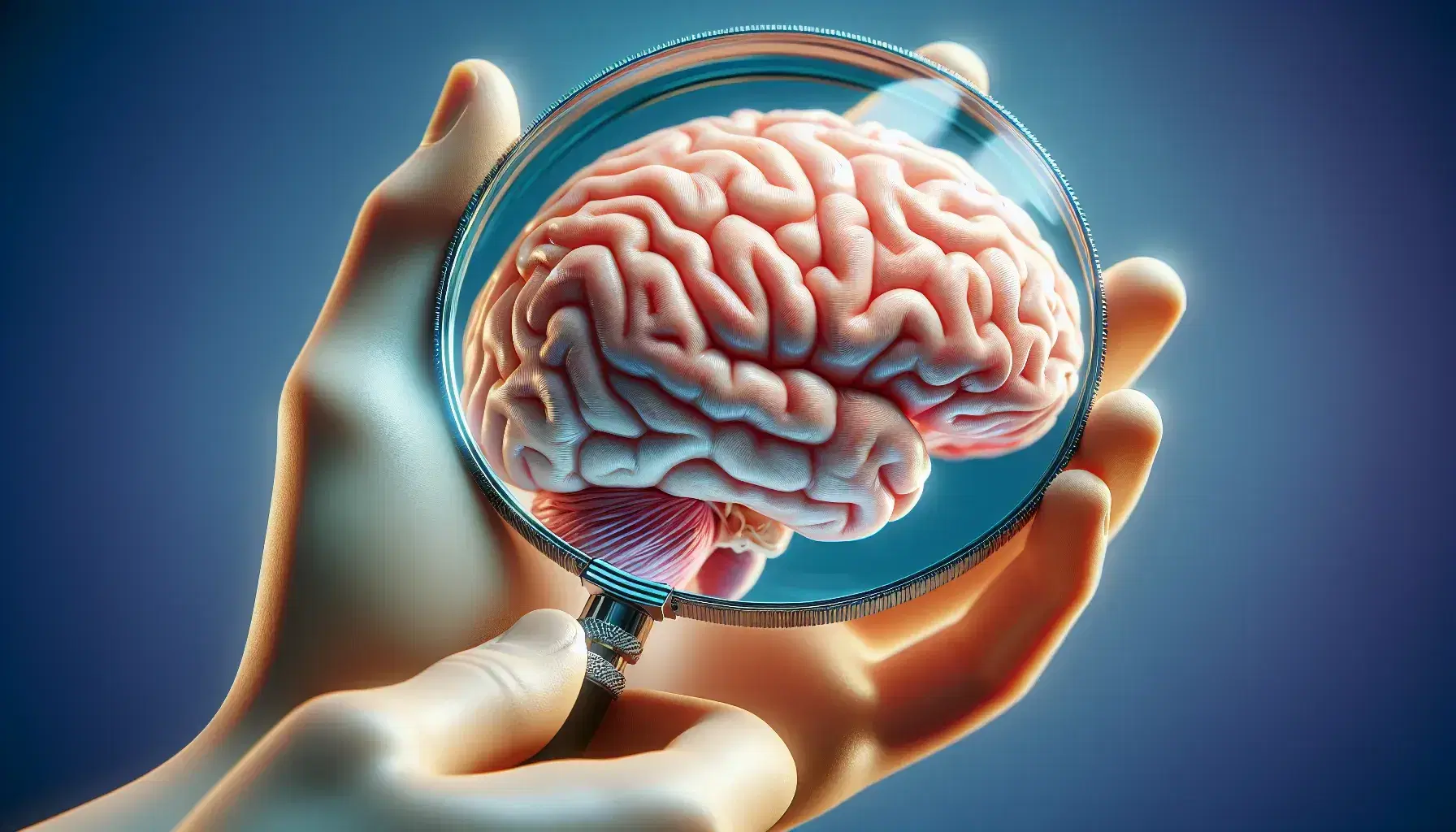 Detailed model of the left hemisphere of the human brain with magnifying glass examining the frontal lobe, on a blue blurred background.