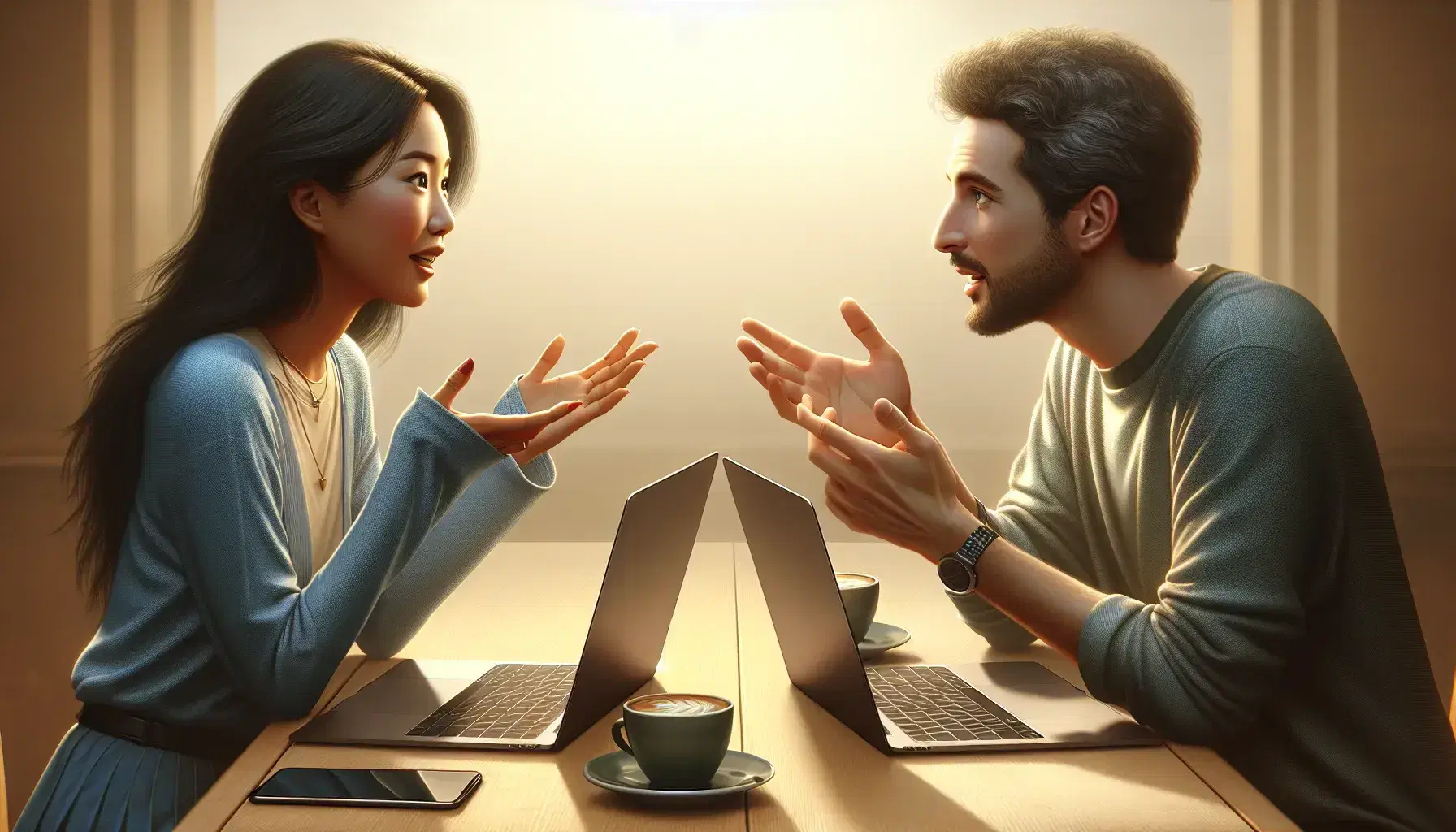 Asian woman and Hispanic man sitting at a light wooden table with open laptops and coffee, having a lively discussion in a bright, defocused environment.