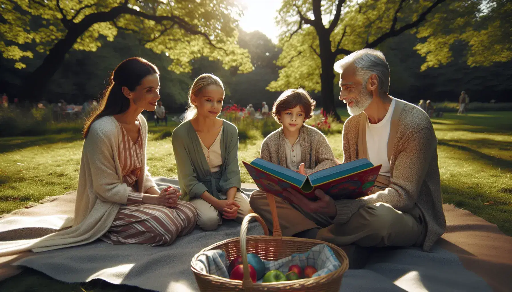 Grupo intergeneracional disfrutando de la lectura en un parque soleado, sentados en una manta azul con un cesto de picnic al lado.