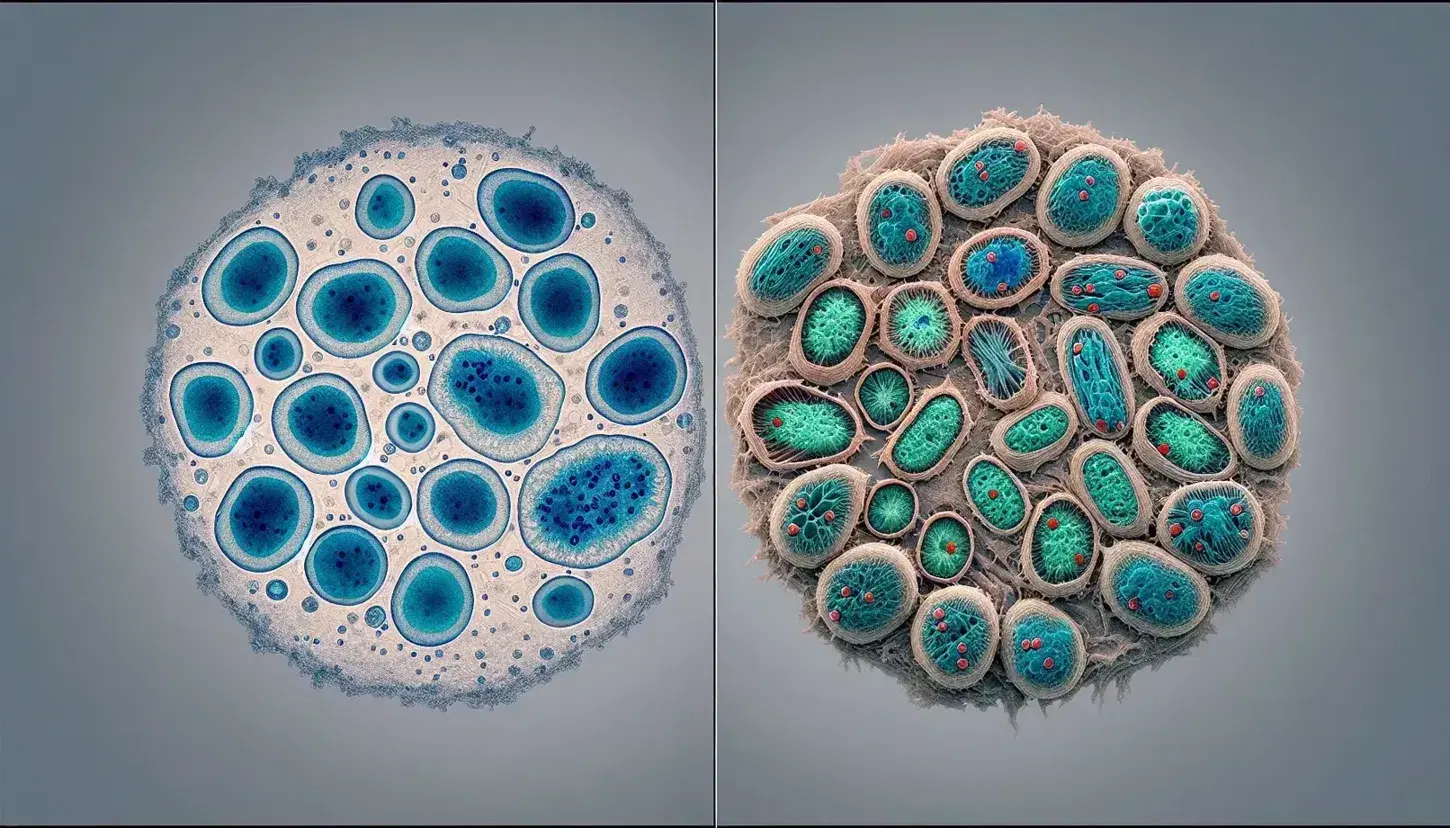 Vista microscópica de células teñidas mostrando diferencias entre prokaryotas azules simples a la izquierda y eucariotas complejas con núcleo y orgánulos a la derecha.