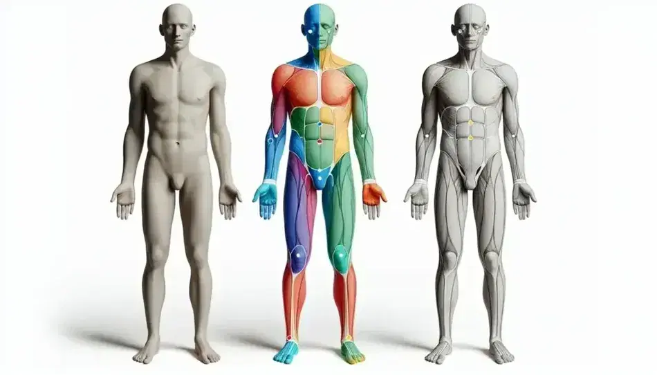 Figura umana stilizzata con regioni addominali colorate in blu, verde, giallo, arancione e rosso per localizzare il dolore addominale.
