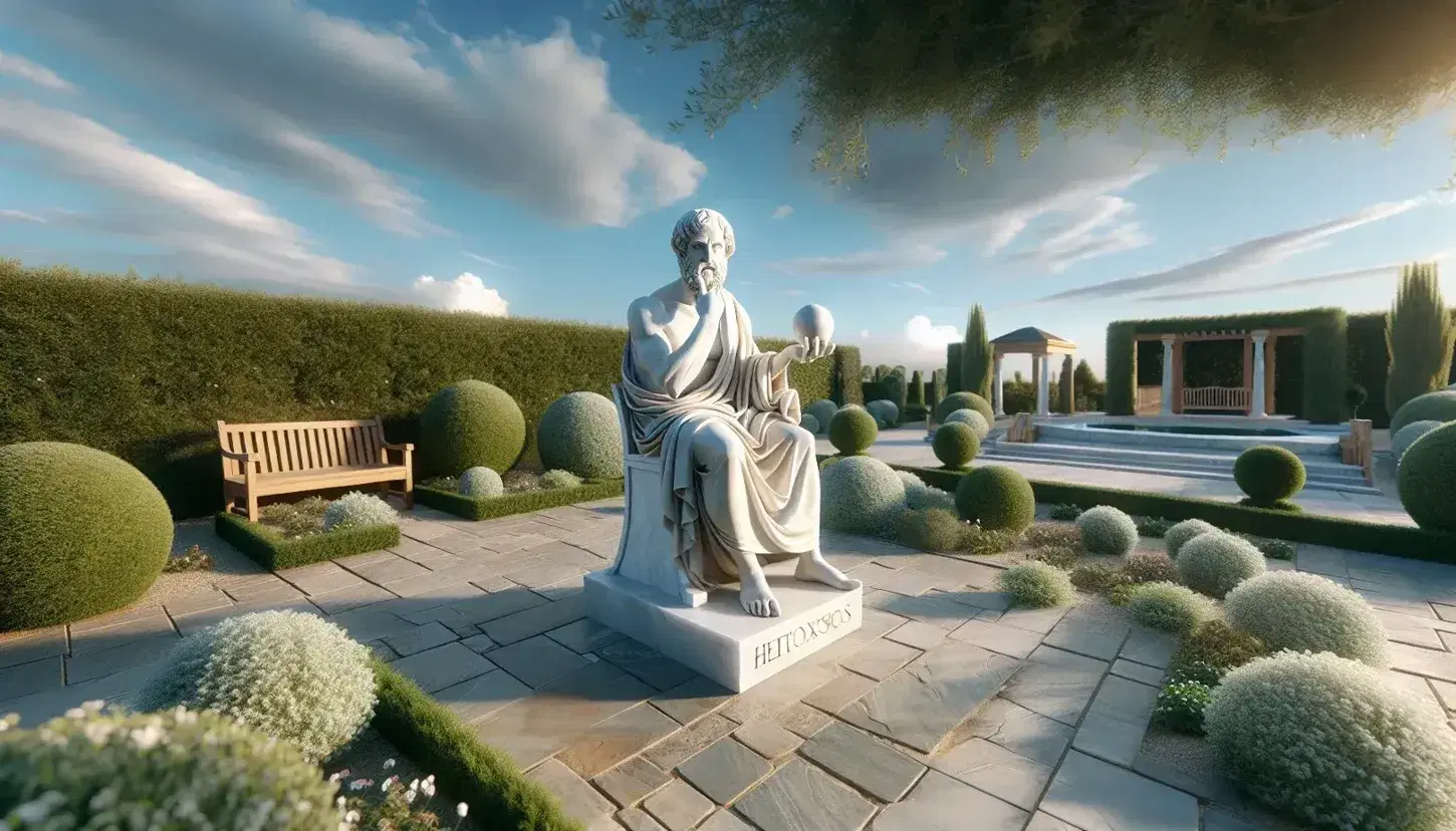 Estatua de mármol blanco de filósofo antiguo en gesto pensativo, rodeada de jardín verde y flores, bajo cielo azul con banco de madera vacío.