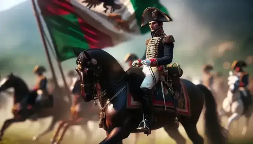 Uomo in uniforme militare dell'epoca napoleonica a cavallo, con tricorno, giacca blu con dettagli rossi e oro, pantaloni bianchi e stivali neri, bandiera tricolore italiana sfocata sullo sfondo.