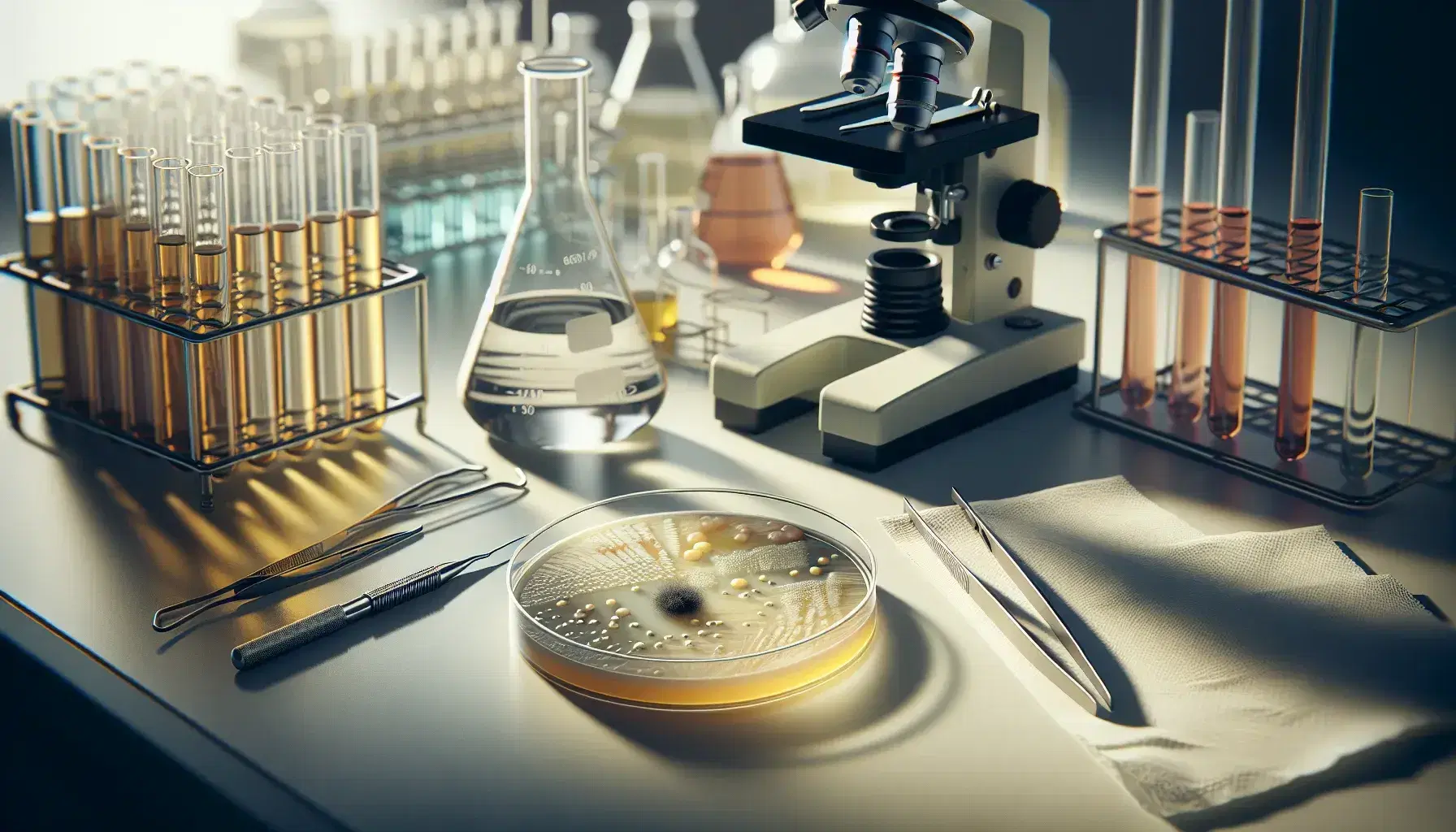 Laboratory bench with colorful bacterial colonies on agar in a petri dish, microscope to the left, tweezers and inoculating loop to the right.