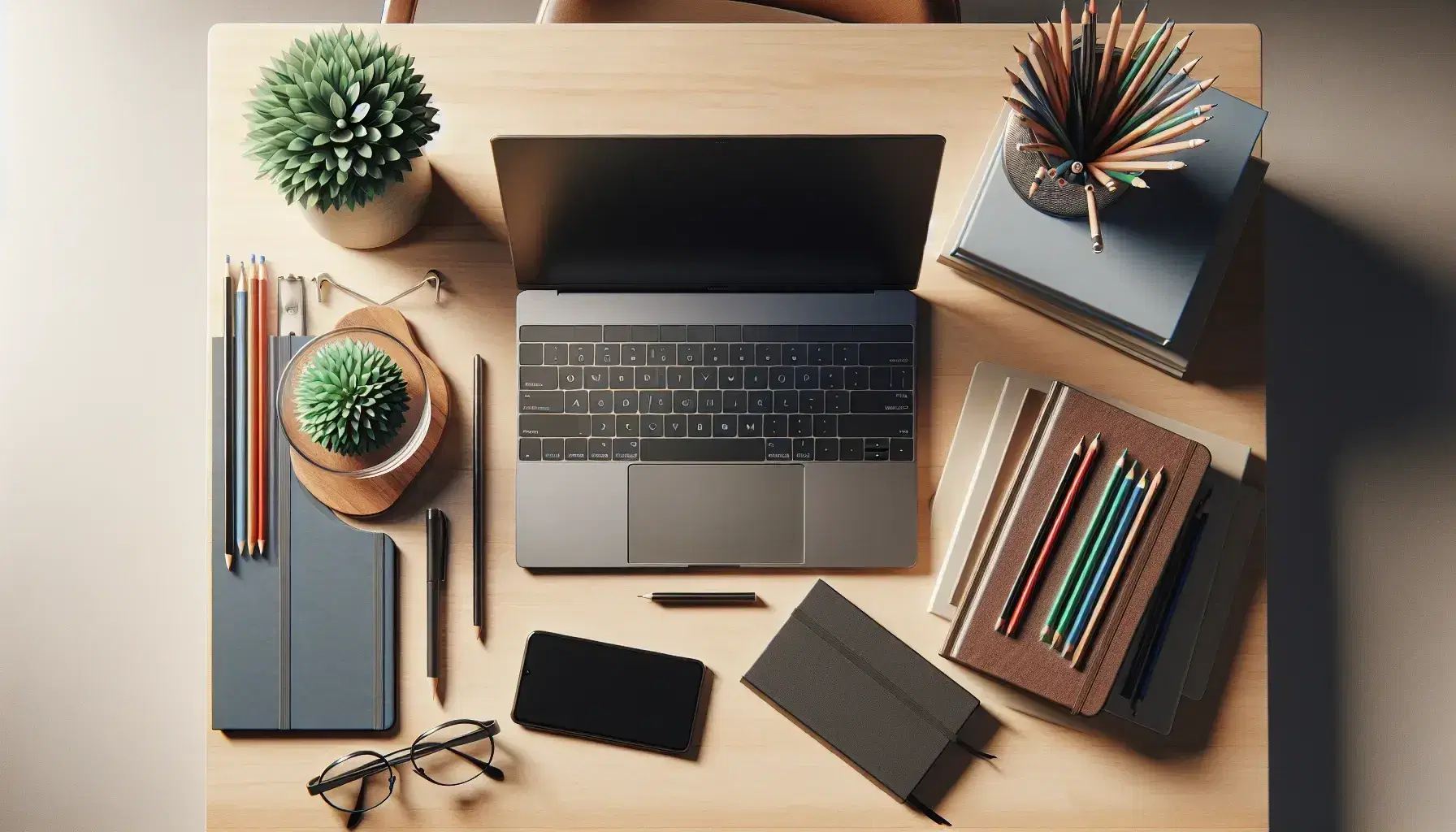 Organized desk with open laptop, blue notebook, black smartphone, glass with colored pens, green plant and eyeglasses.