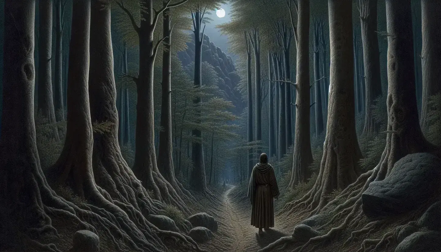 Escena nocturna en bosque denso con figura humana en ropa medieval, camino serpenteante, montaña al fondo y luz de luna filtrándose entre árboles.