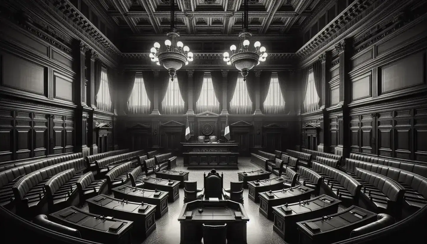 Interno vuoto dell'aula parlamentare italiana con banchi semicircolari in legno, scrivania presidenziale e bandiere, sotto luce di candelabri.