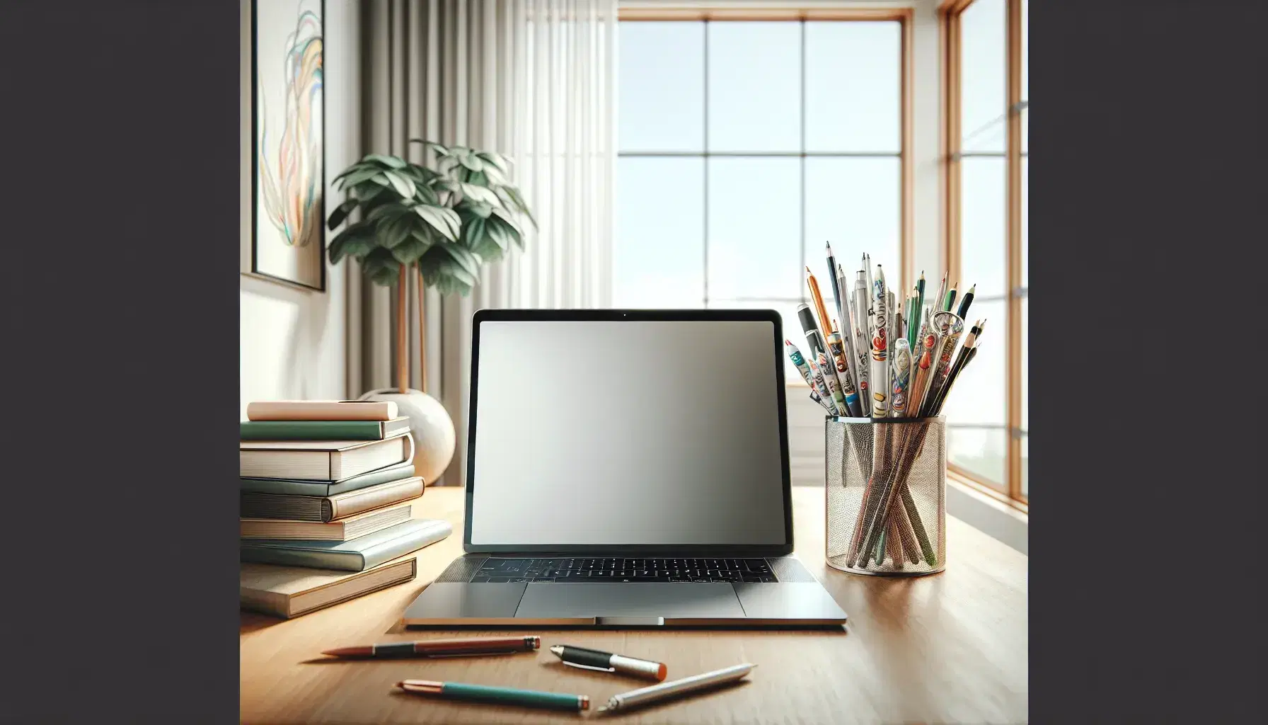 Tidy desk with turned on modern laptop, cup of colorful pens, green plant and closed book on bright minimalist background.
