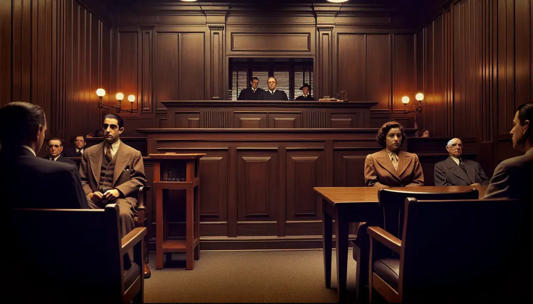 Mid-20th-century courtroom scene with a wooden witness stand, imposing judge's bench, and a solemn Middle-Eastern man and Hispanic woman at the defendant's table.