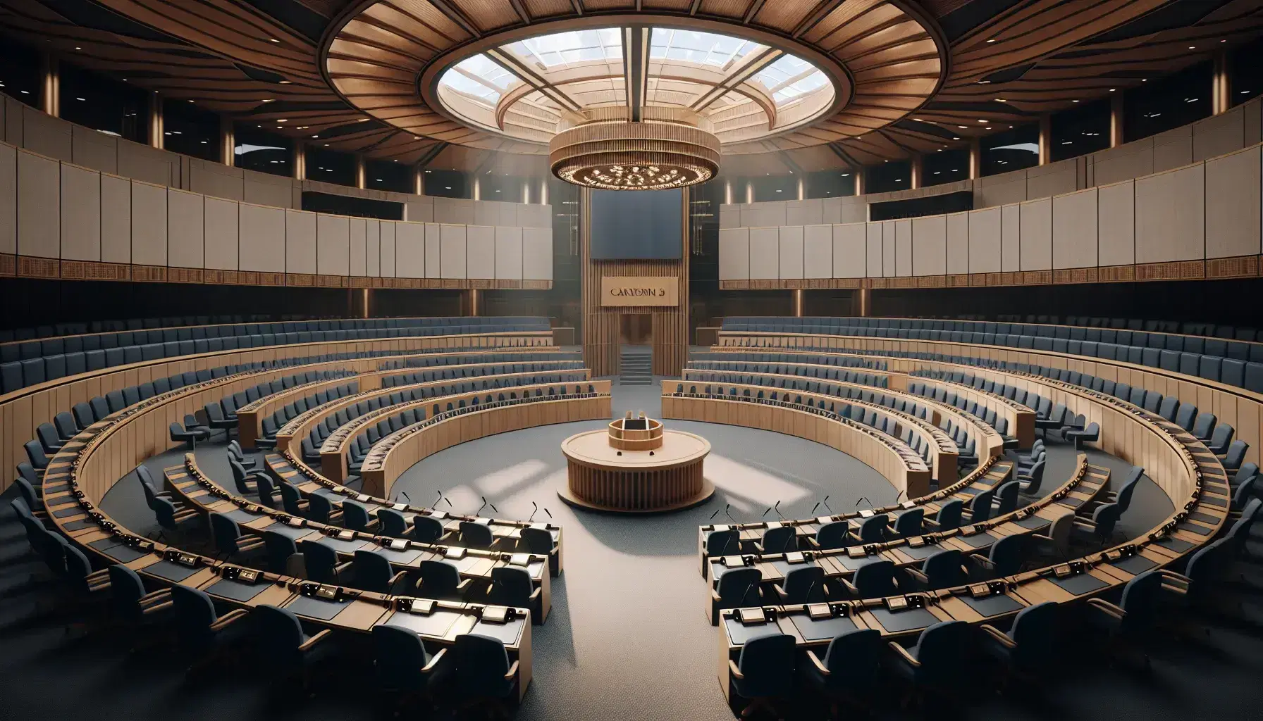 Camera parlamentare vuota con scrivanie semicircolari blu e legno, podio centrale e cupola di vetro che illumina la sala.