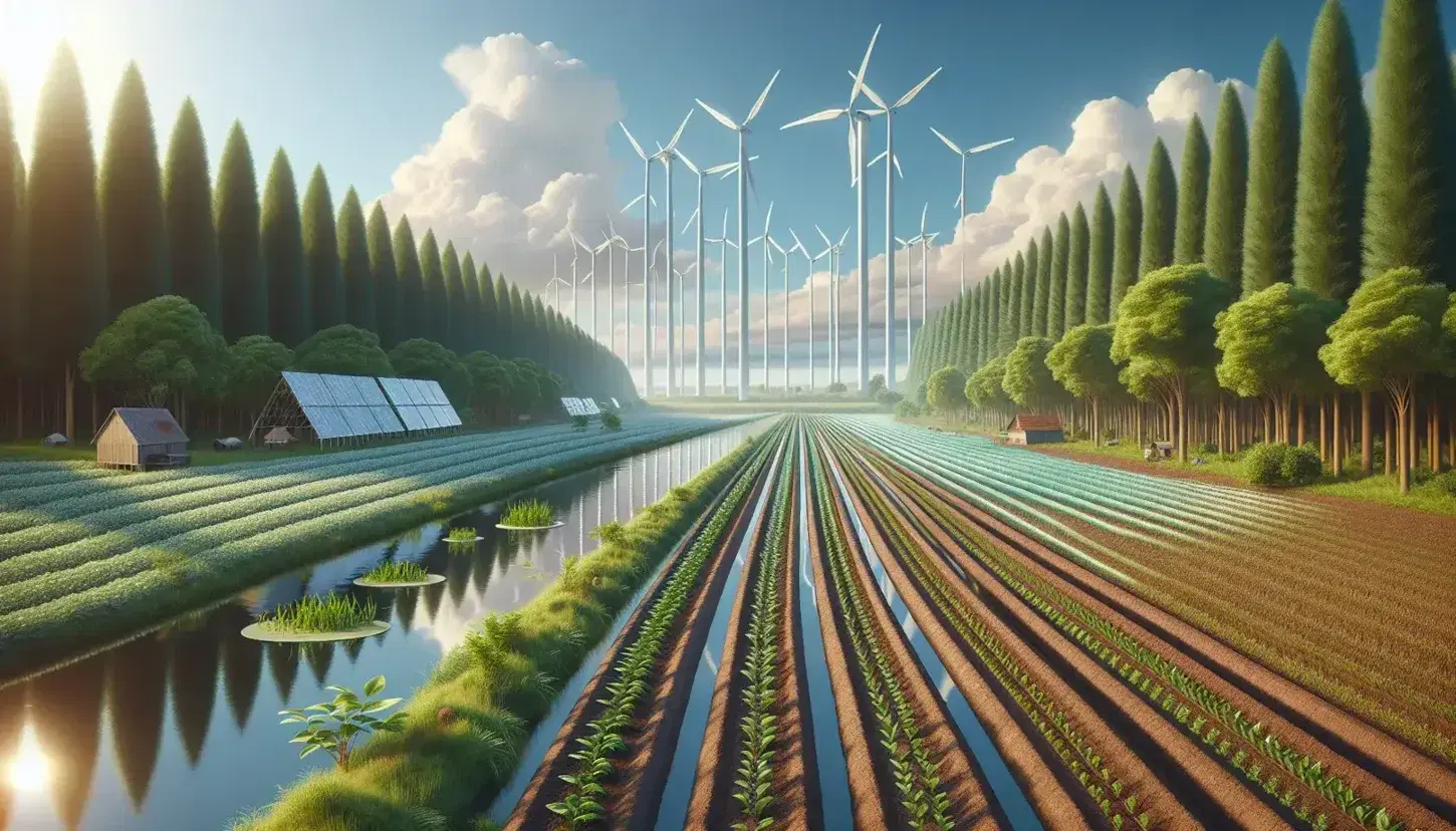Paisaje de campo cultivado con brotes verdes, paneles solares, turbinas eólicas al fondo y río con casas al otro lado.