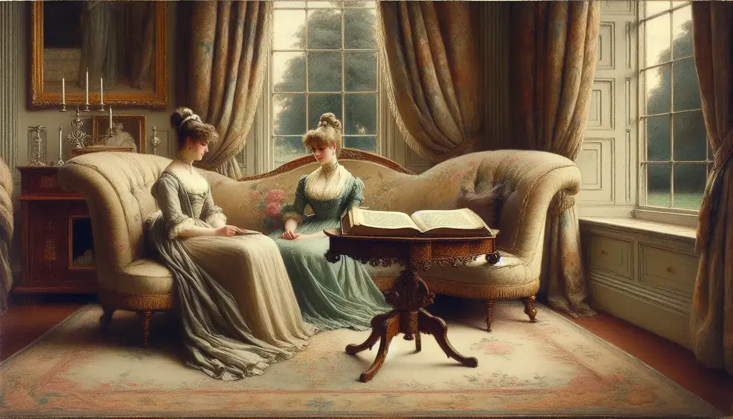 Regency-era drawing room with two women in empire dresses seated on a floral settee, a gentleman standing nearby, and a window with red curtains.