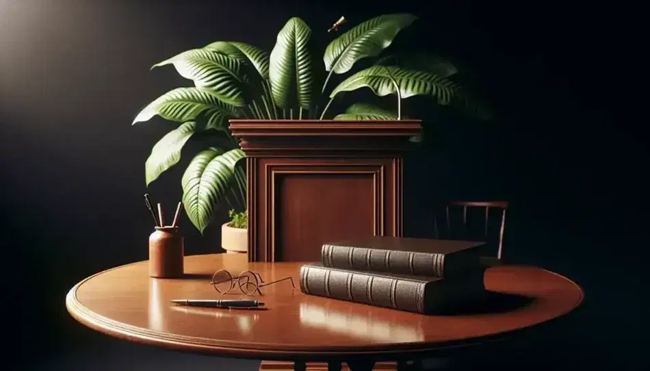 Traditional academic setting with a wooden lectern on a platform, a leafy plant in a terracotta pot, and a round table with a book, eyeglasses, and pen, near a window with open curtains.