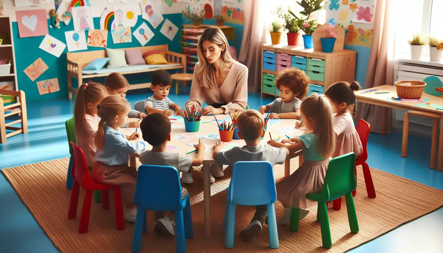 Niños de diversas etnias participando en actividad creativa con papeles de colores en aula escolar luminosa, con maestra asistiendo.
