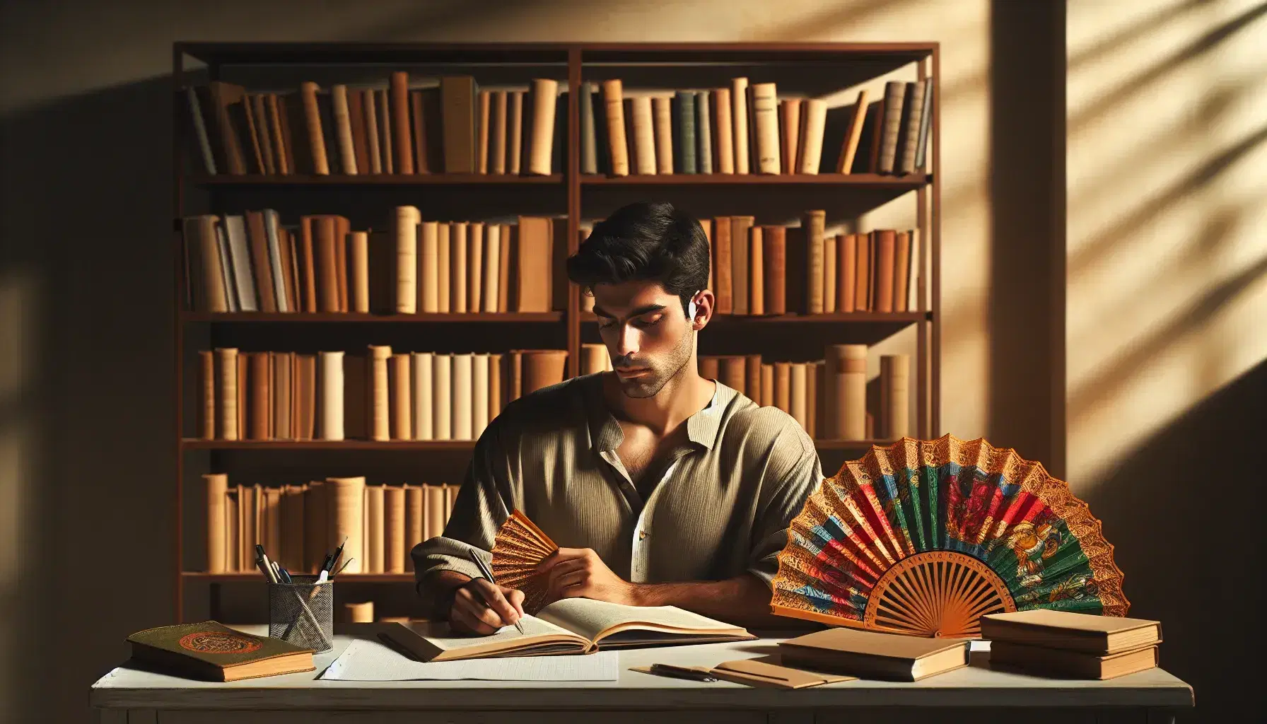 Middle-Eastern man studying at desk with textbook, pen, blank notebook, and colorful Spanish fan, against a backdrop of assorted books.