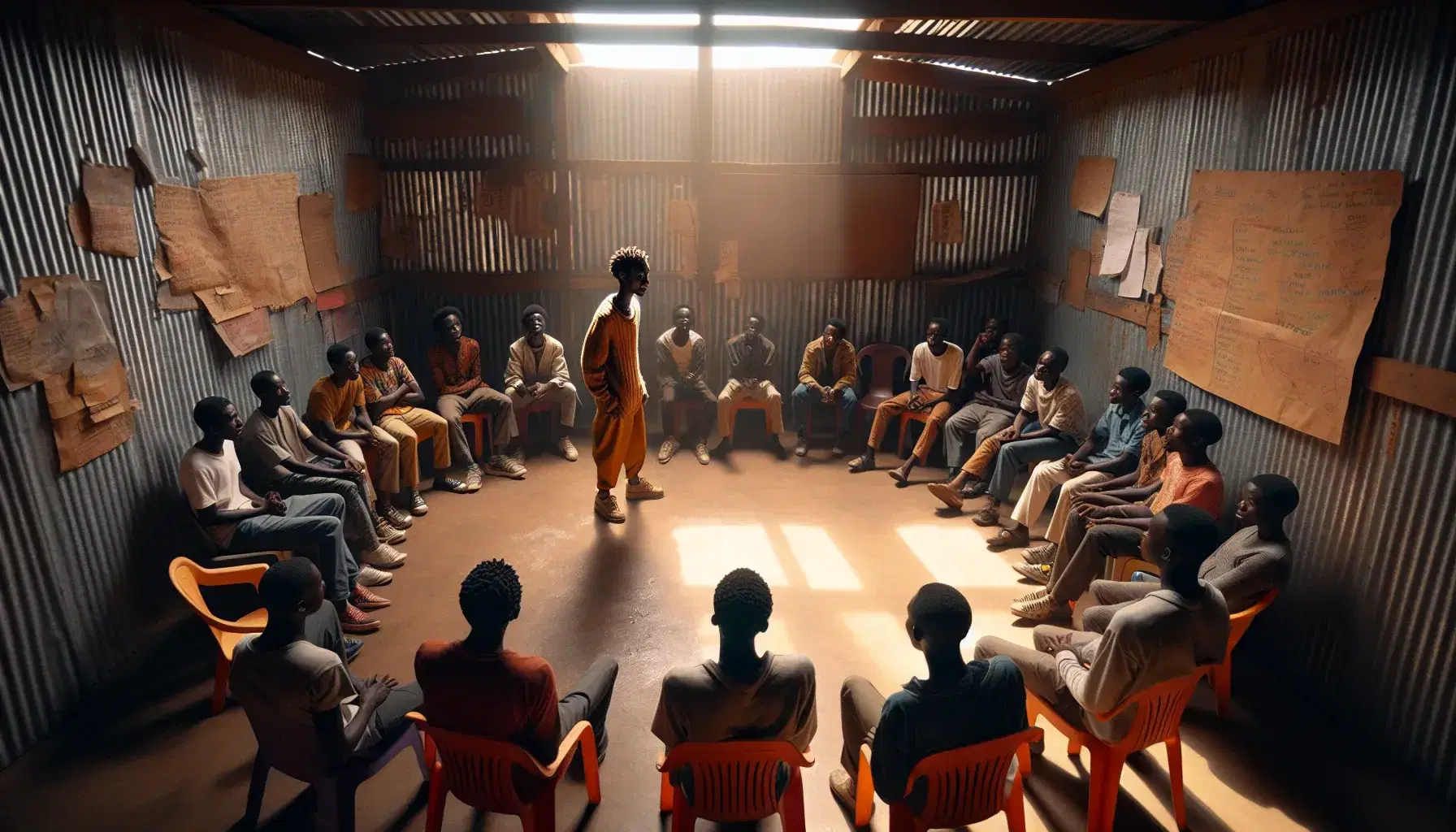 Giovani africani seduti in cerchio su sedie colorate in aula spartana, uno in piedi narra gestendo, luce naturale illumina volti attenti.