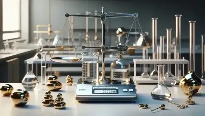 Precision balance with brass weights, beaker and graduated cylinder with clear liquids, lab technician swirling blue liquid in flask, in a well-lit laboratory.