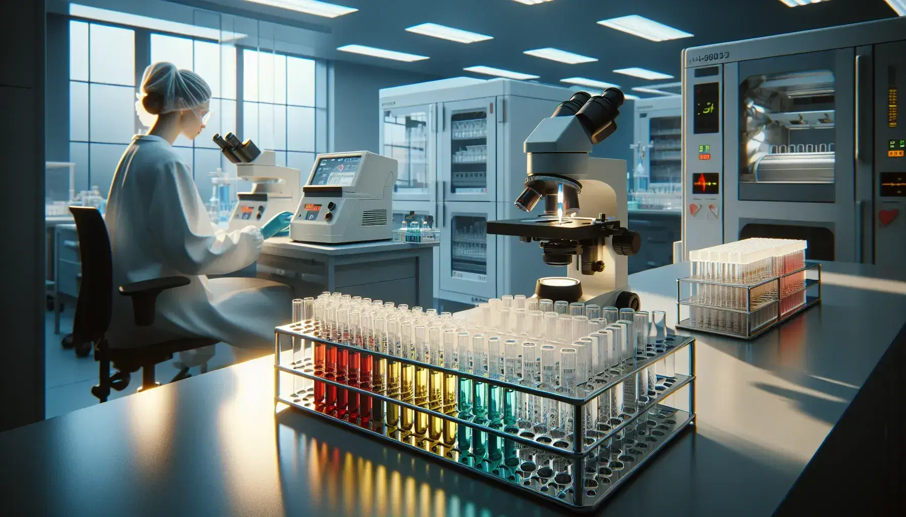 Laboratorio clínico moderno con tubos de ensayo de colores en soporte, microscopio metálico y centrífuga blanca, y técnico trabajando con pipeta automática.