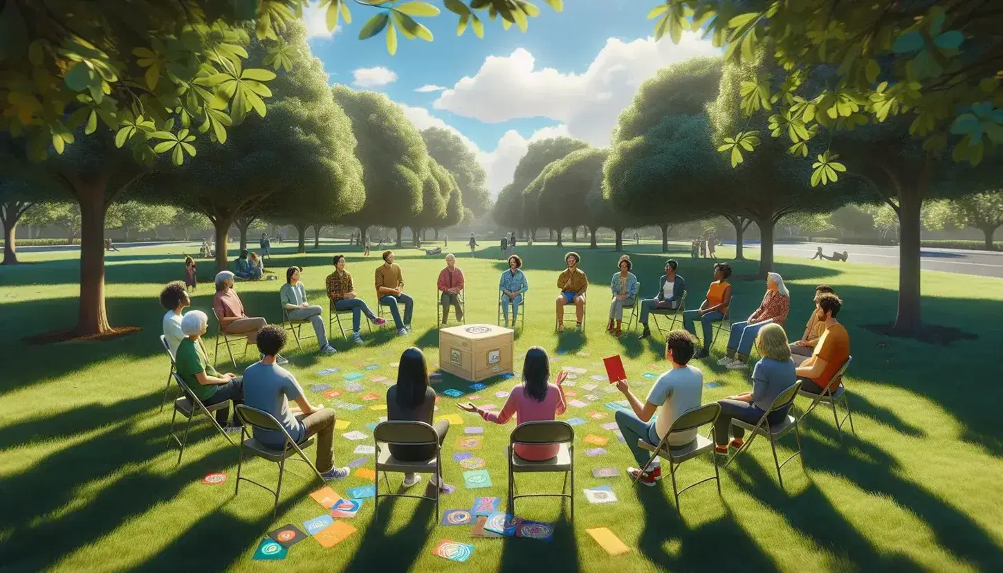Grupo diverso de personas sentadas en círculo en un parque participando en una actividad con tarjetas de colores, bajo árboles en un día soleado.
