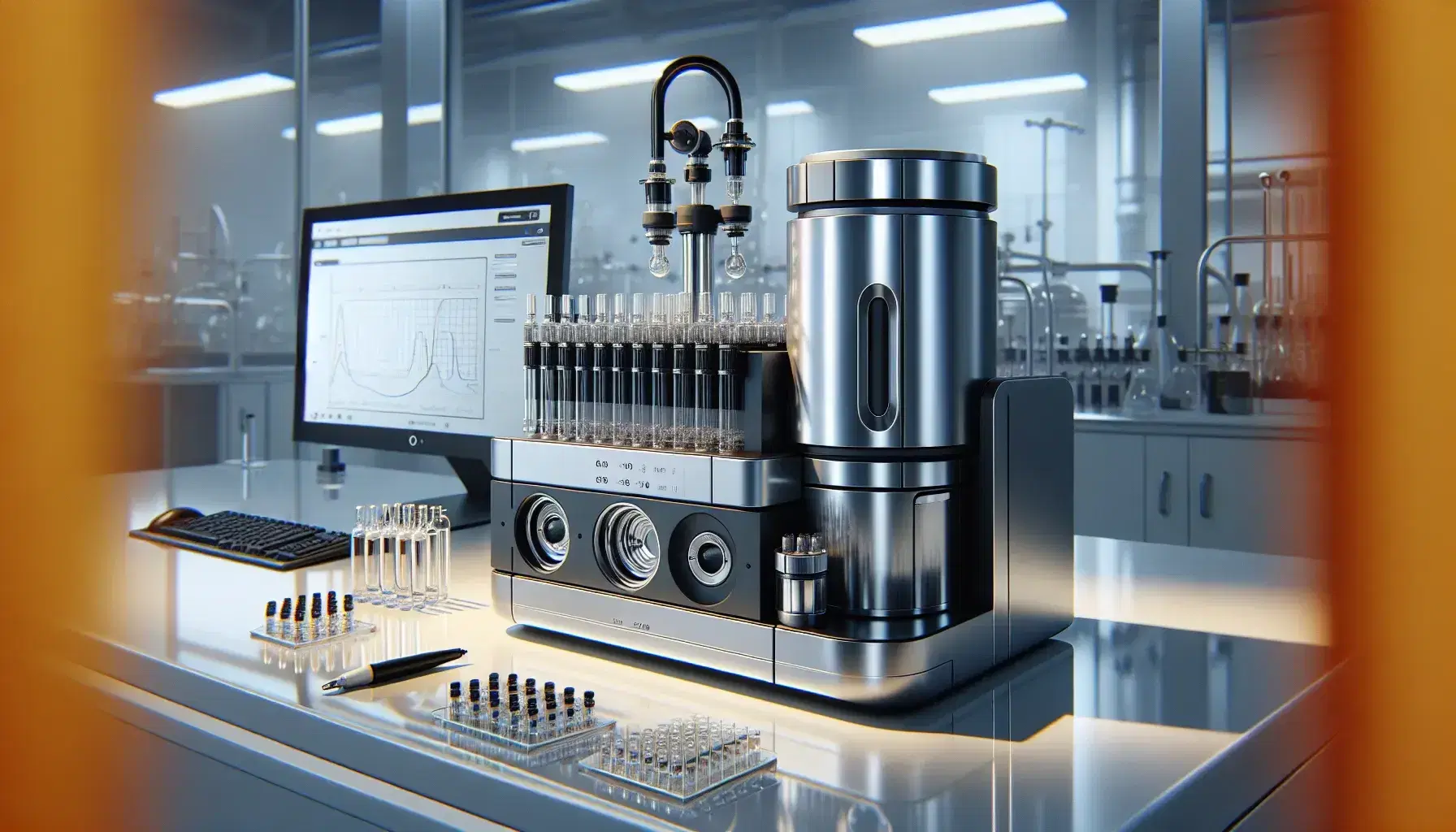 Modern mass spectrometer on white counter in laboratory with glass vials and pipette, blurred background with researcher in lab coat.
