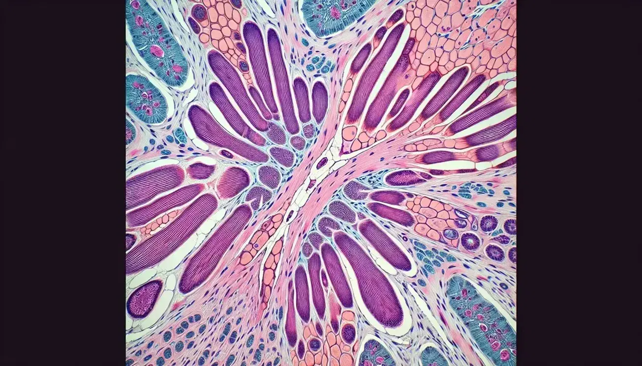 Sezione microscopica di tessuto umano con muscolo striato centrale, tessuto connettivo circostante e porzioni laterali di tessuto epiteliale.
