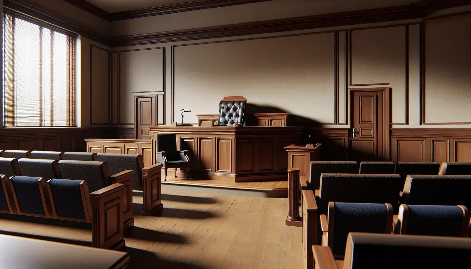 Interior of an empty courtroom with mahogany judge's bench, witness stand, jury benches and public seating with blue cushions.