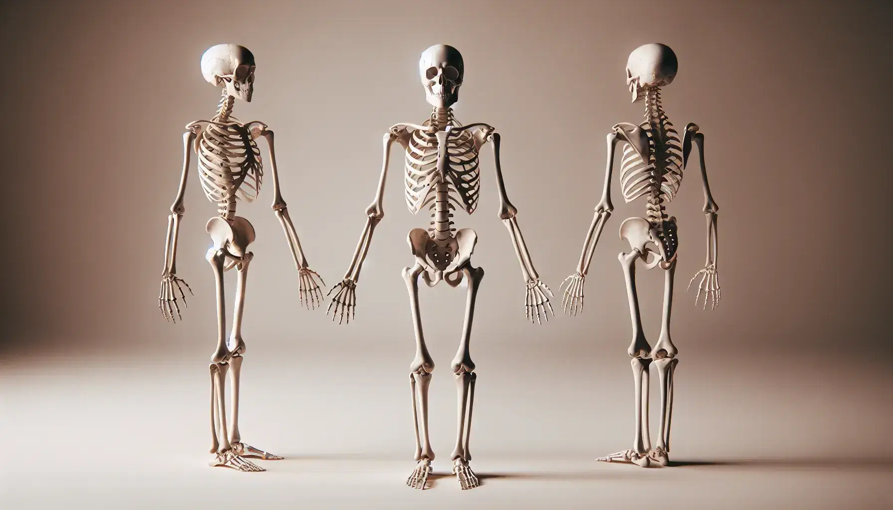 Esqueleto humano completo de frente con brazos abiertos y palmas hacia adelante, destacando cráneo, columna vertebral, costillas y articulaciones.