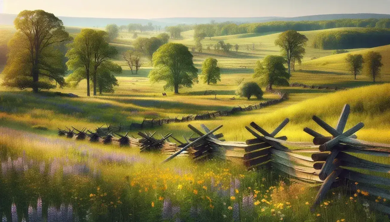 Serene Antietam National Battlefield landscape with a split-rail fence, vibrant wildflowers, rolling hills, and a clear blue sky.