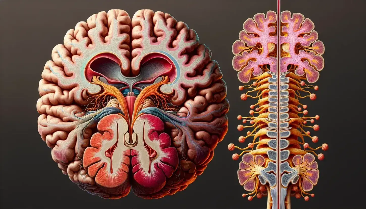 Rappresentazione dettagliata del cervello umano dall'alto con emisferi, convoluzioni cerebrali, sezione del midollo spinale e nervi periferici.