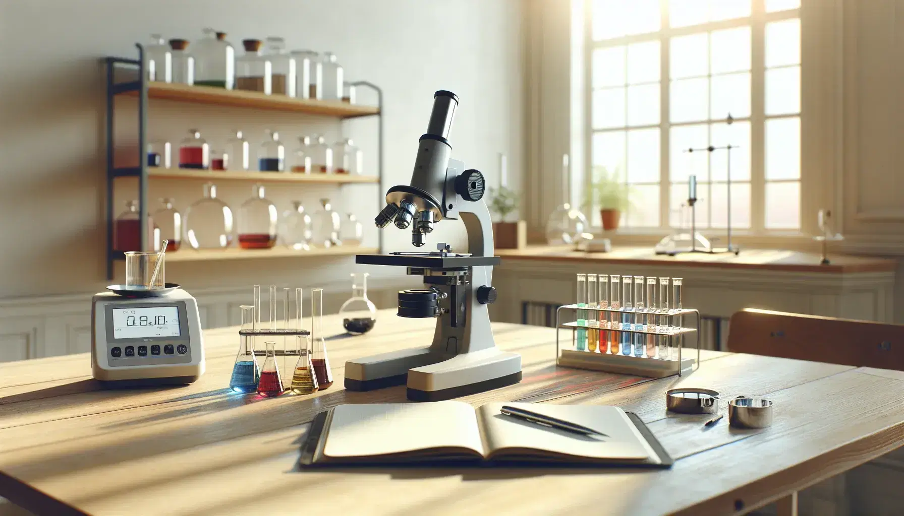 Mesa de laboratorio con microscopio, balanza analítica digital y tubos de ensayo con líquidos de colores bajo luz natural.
