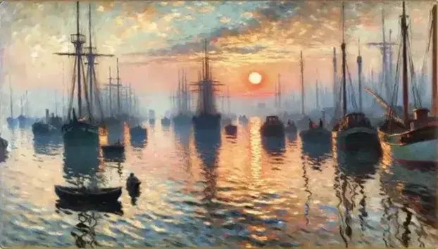 Alba in porto con sole riflesso sull'acqua e barche sfumate, in stile Impressionista di Monet.