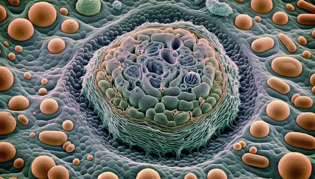 Micrografía electrónica de color de célula eucariota con núcleo, nucleolo, cromatina, mitocondrias, retículo endoplásmico y membrana plasmática detallados.
