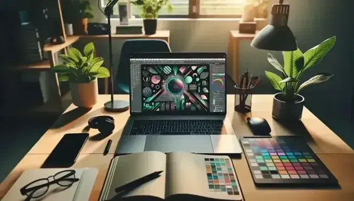 Mesa de trabajo con portátil abierto en software de diseño, paleta de colores, libreta, bolígrafo, planta, auriculares y gafas, ambiente de creatividad.