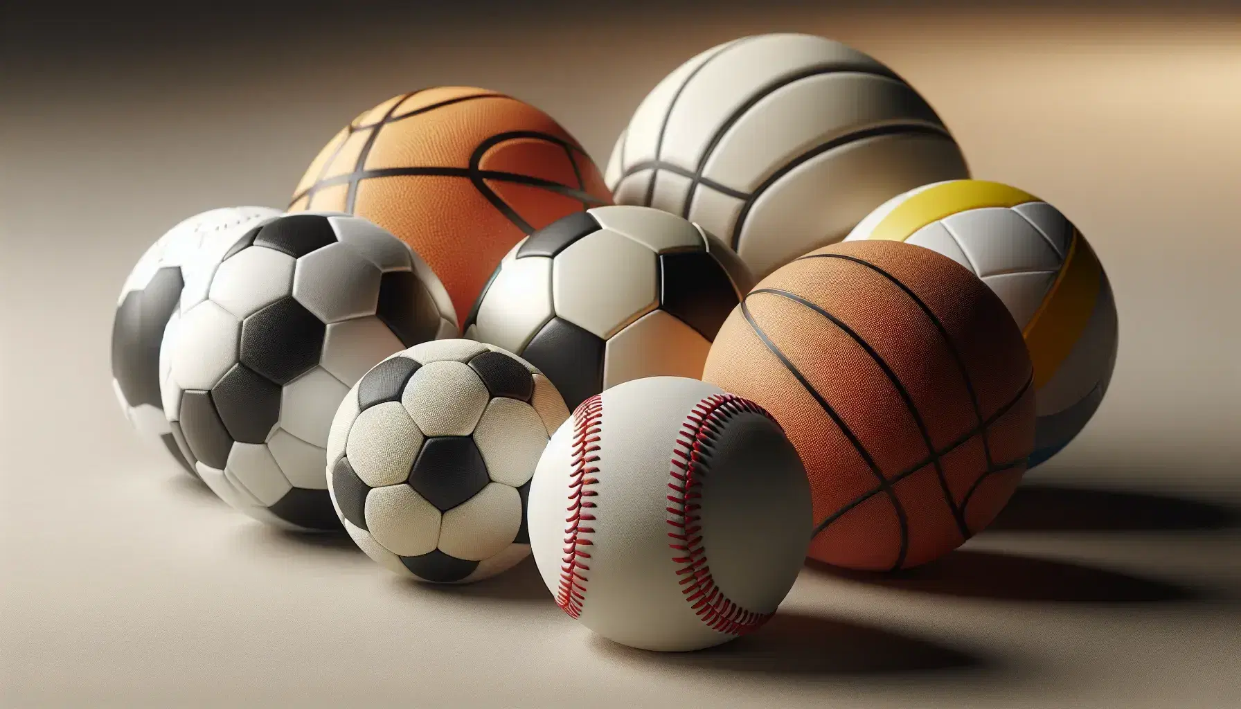 Colección de balones deportivos sobre superficie neutra incluyendo béisbol, fútbol, baloncesto, tenis y voleibol, con iluminación uniforme.
