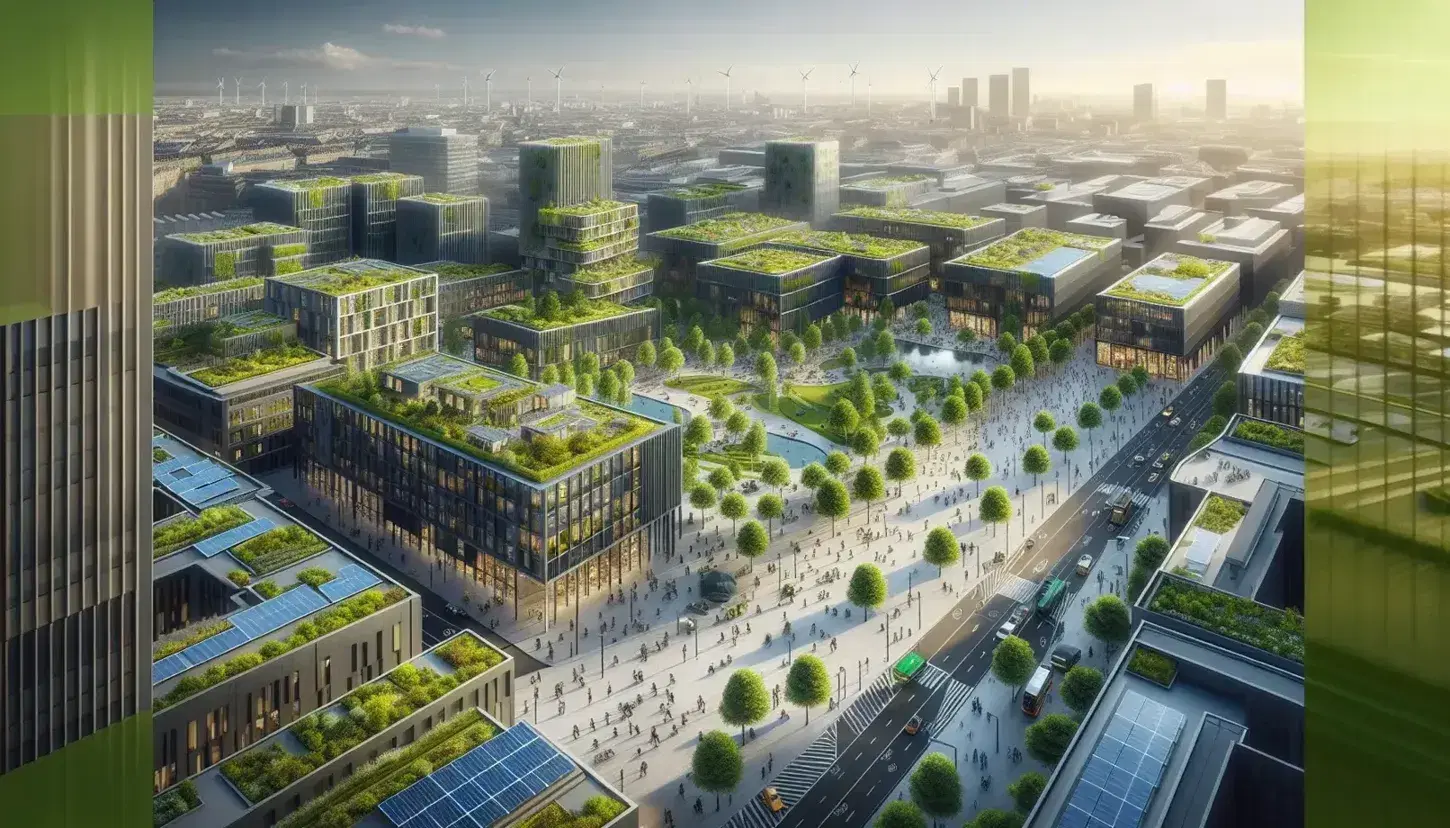 Vista aérea de ciudad sostenible con parque central, edificios con techos verdes y paneles solares, calles peatonales, vehículos eléctricos y molinos de viento en la distancia.