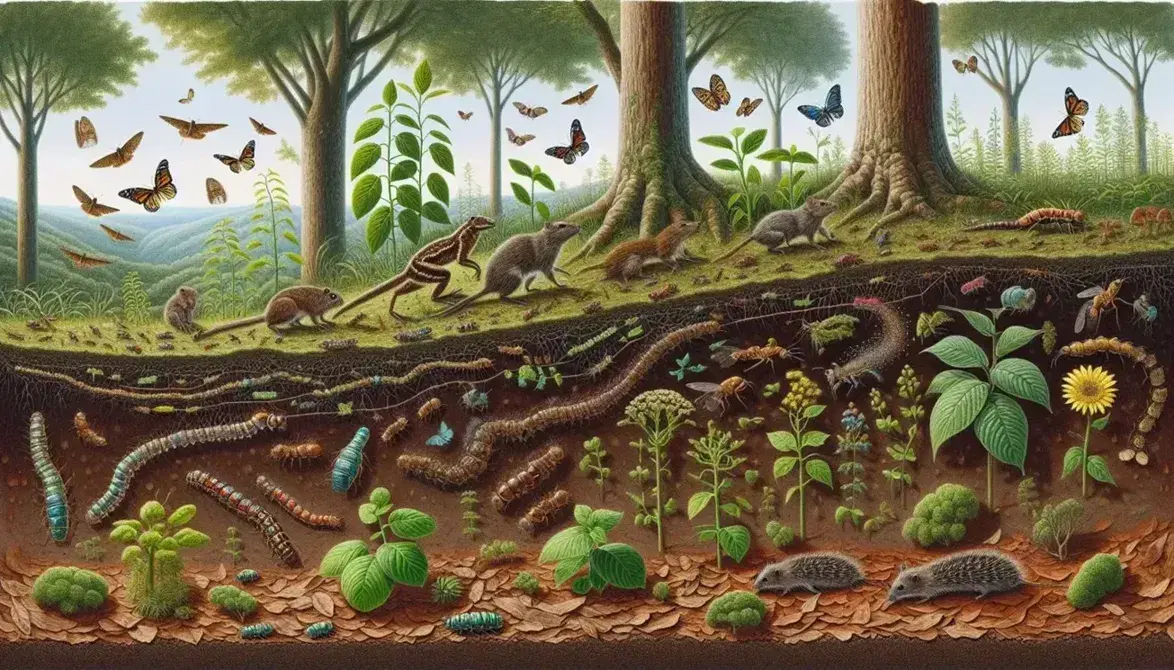 Cadena alimentaria en ecosistema forestal con plantas verdes, insectos coloridos, roedores, aves y un ave de presa en un árbol, bajo un cielo despejado.