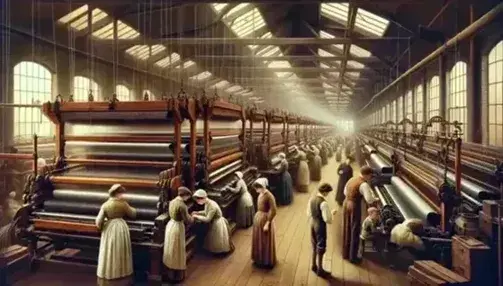 Interior de una fábrica textil de la Revolución Industrial con trabajadores operando telares de madera y metal, iluminados por luz natural.
