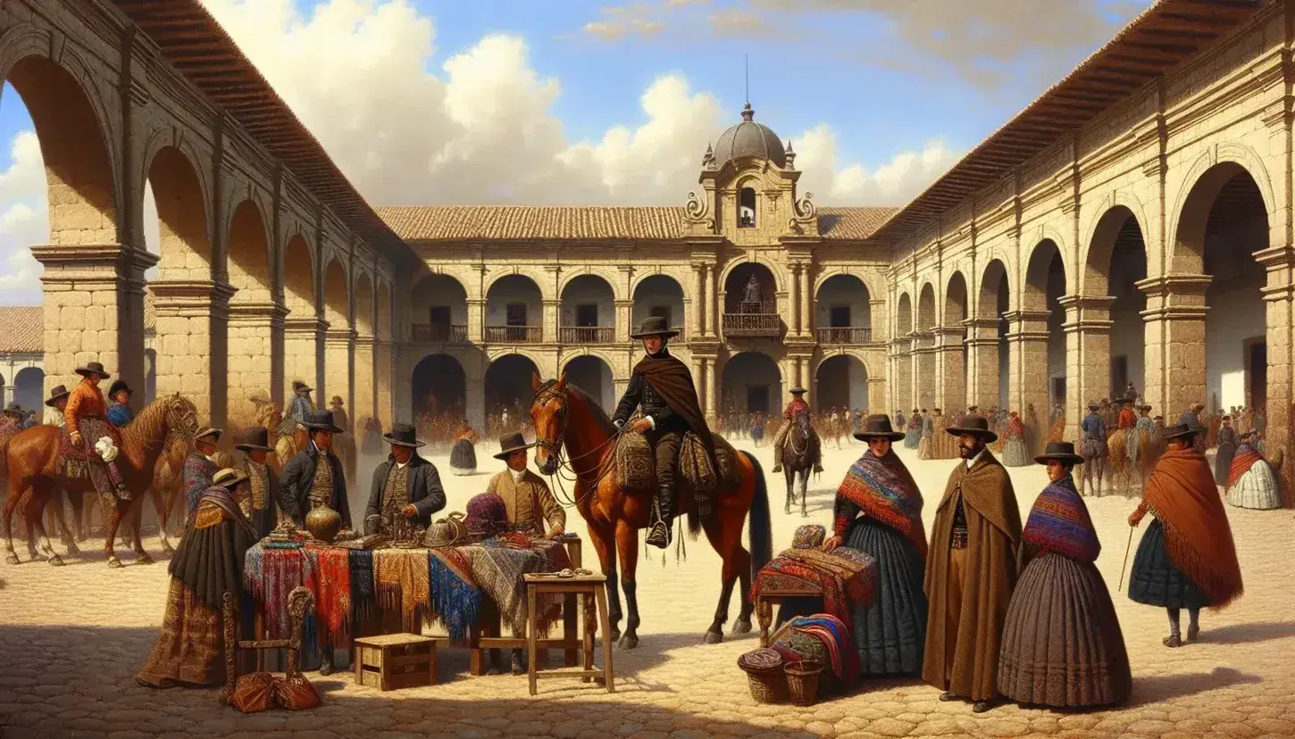 Escena cotidiana en el Virreinato del Perú con personas en atuendos coloniales, un jinete, arquitectura de la época y mesa con artesanías bajo cielo azul.