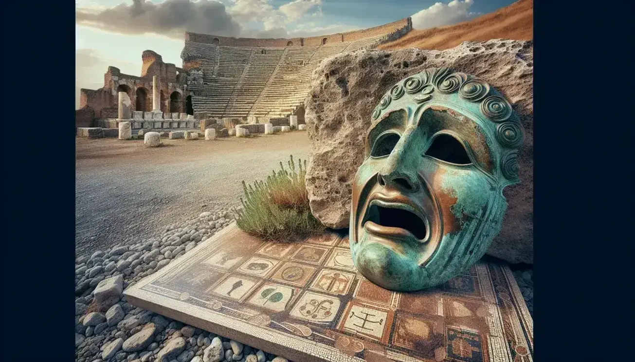 Maschera teatrale romana in bronzo con tratti esagerati su blocco di pietra, rovine di teatro antico e frammento di mosaico sullo sfondo.